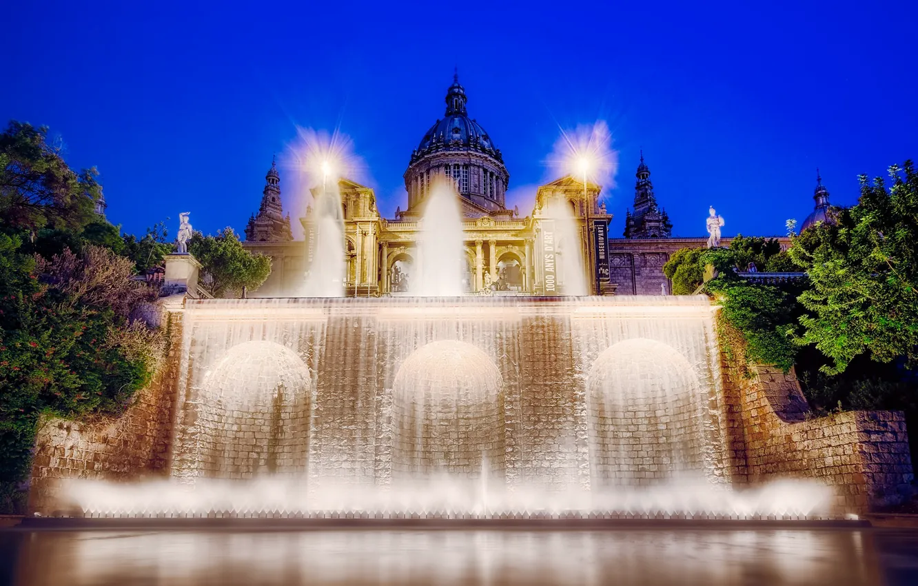 Photo wallpaper backlight, fountain, Spain, Palace, Barcelona