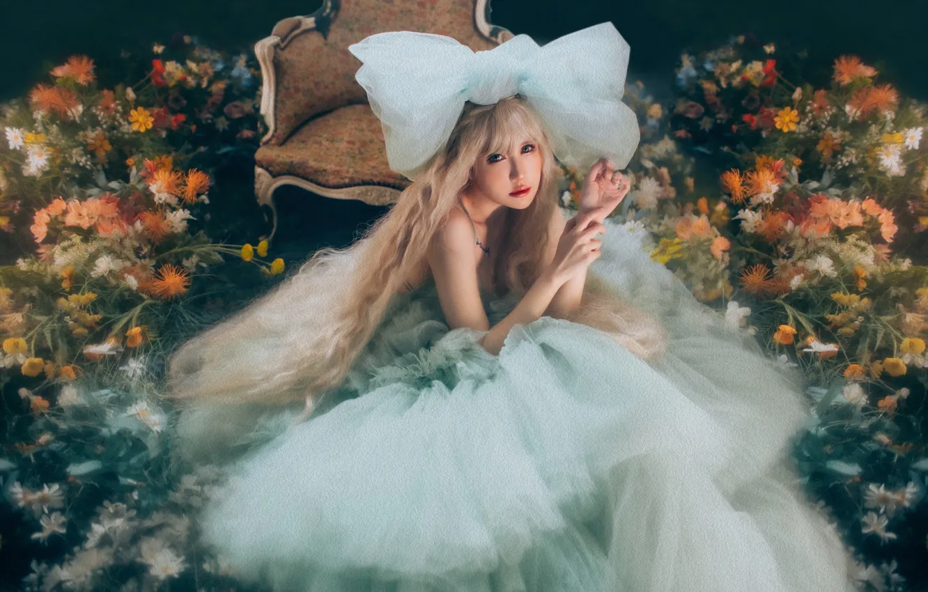 Photo wallpaper white, look, girl, flowers, pose, style, treatment, bouquet