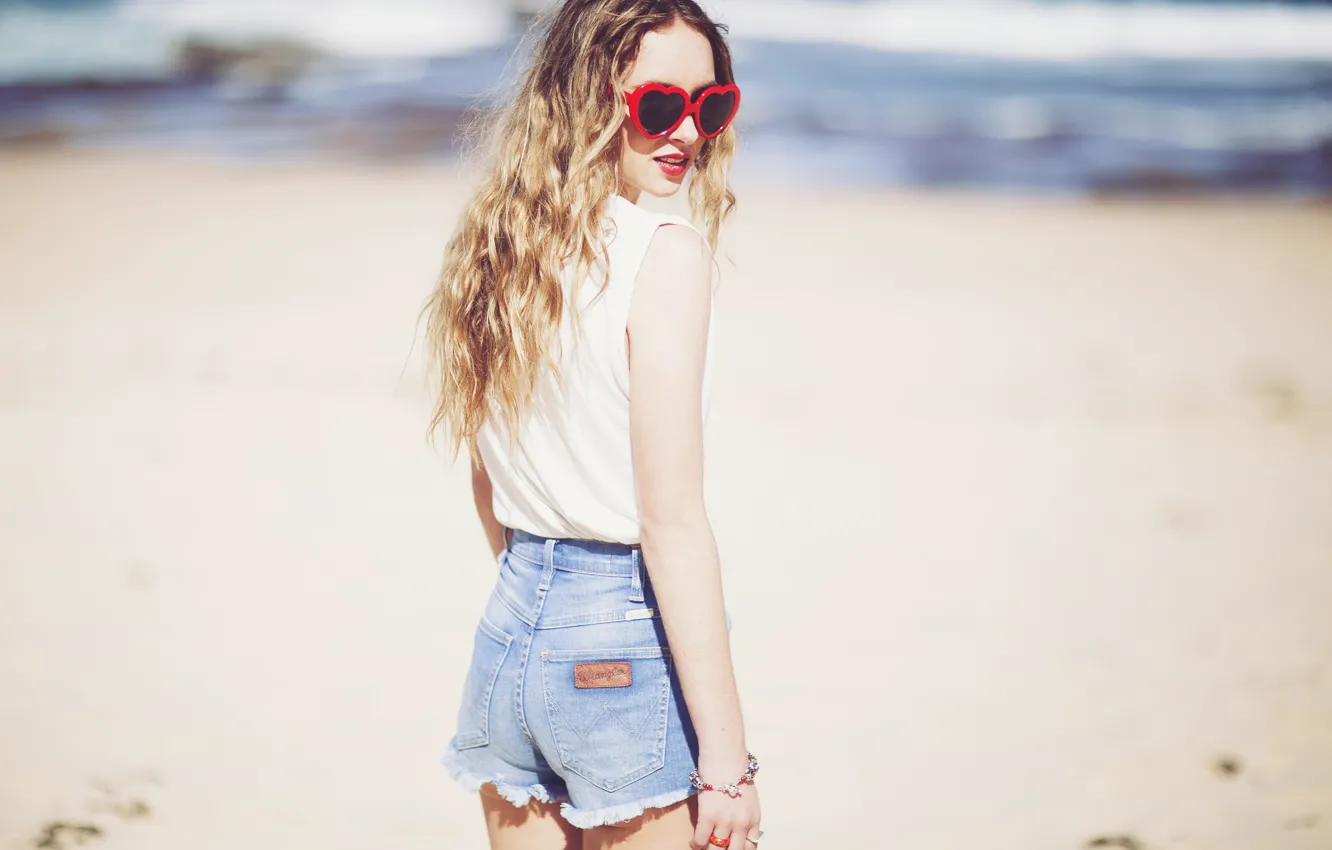 Photo wallpaper sand, beach, girl, glasses, blonde
