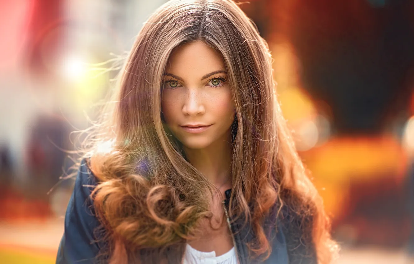 Photo wallpaper look, girl, glare, sweetheart, portrait, colors, light, brown hair