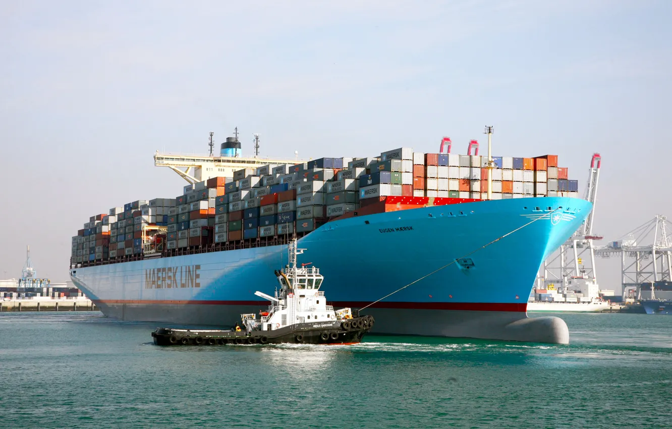 Photo wallpaper Port, The ship, Cargo, A container ship, Terminal, Tugs, Eugen Maersk, Container