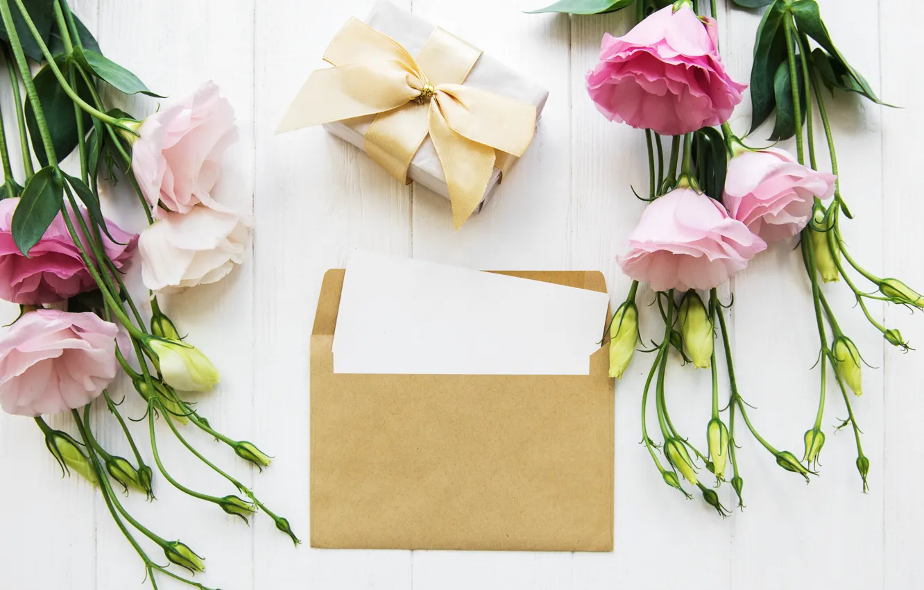 Photo wallpaper flowers, holiday, gift, the envelope, congratulations, eustoma, Olena Rudo