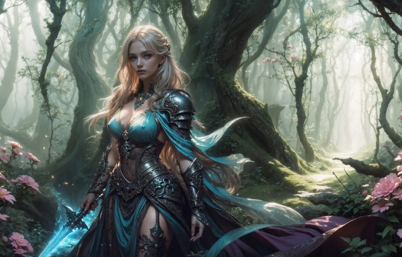 Photo wallpaper forest, girl, nature, sword, warrior, fantasy, blonde