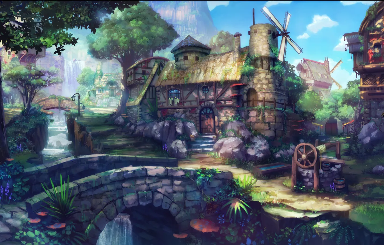 Photo wallpaper House, Fantasy, Nature, Wood, Village, Forest, Painting, Fairy