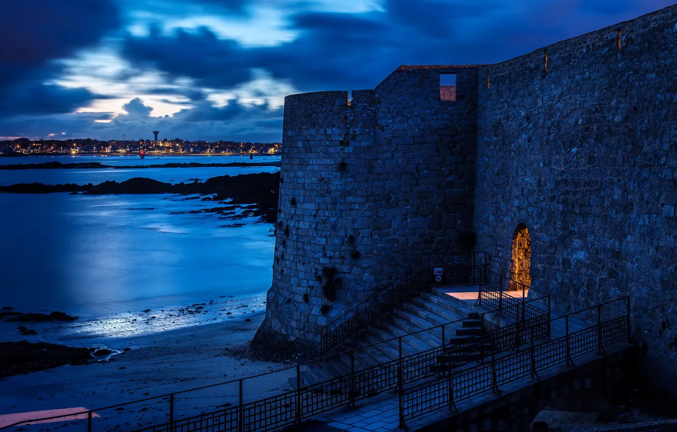 Photo wallpaper sea, the sky, clouds, night, lights, blue, coast, France