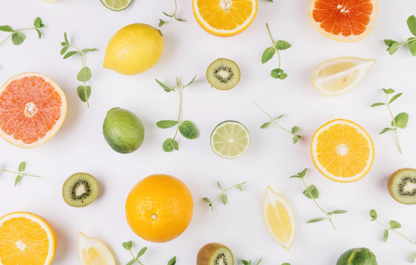 Photo wallpaper lemon, orange, lime, fruit, leaves, orange, lime, fruits