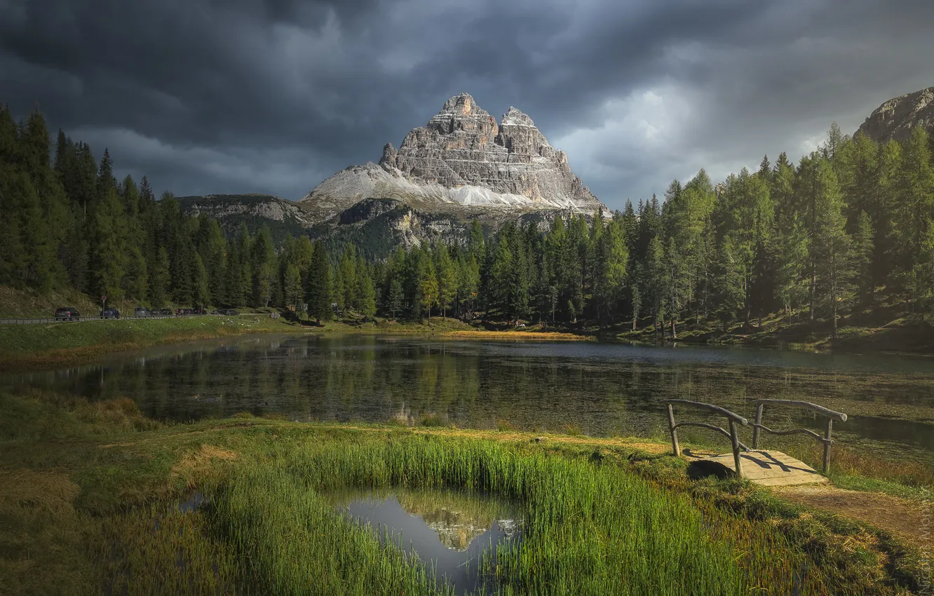 Photo wallpaper forest, mountains, lake, shore, the bridge