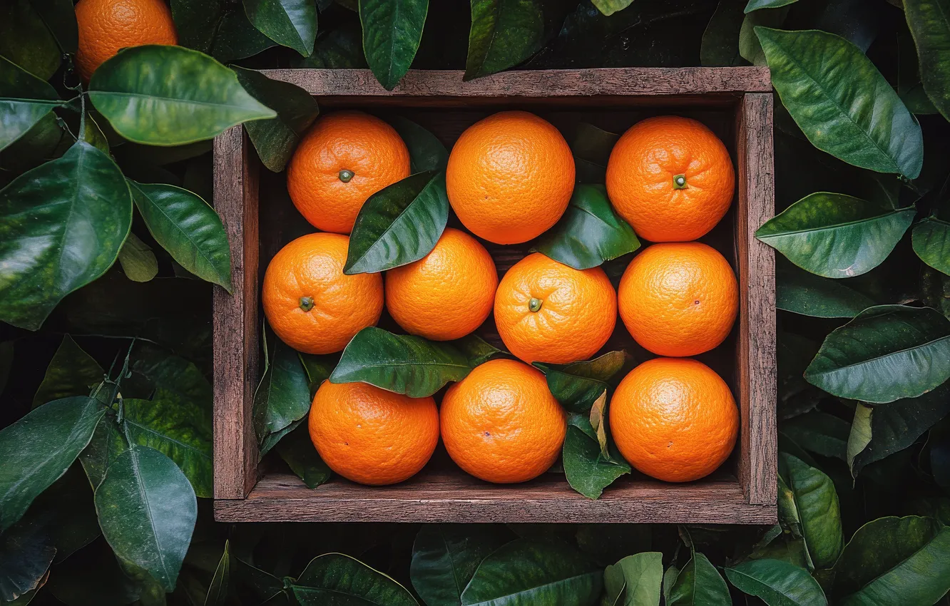 Photo wallpaper leaves, orange, harvest, fruit, box, AI art, neural network