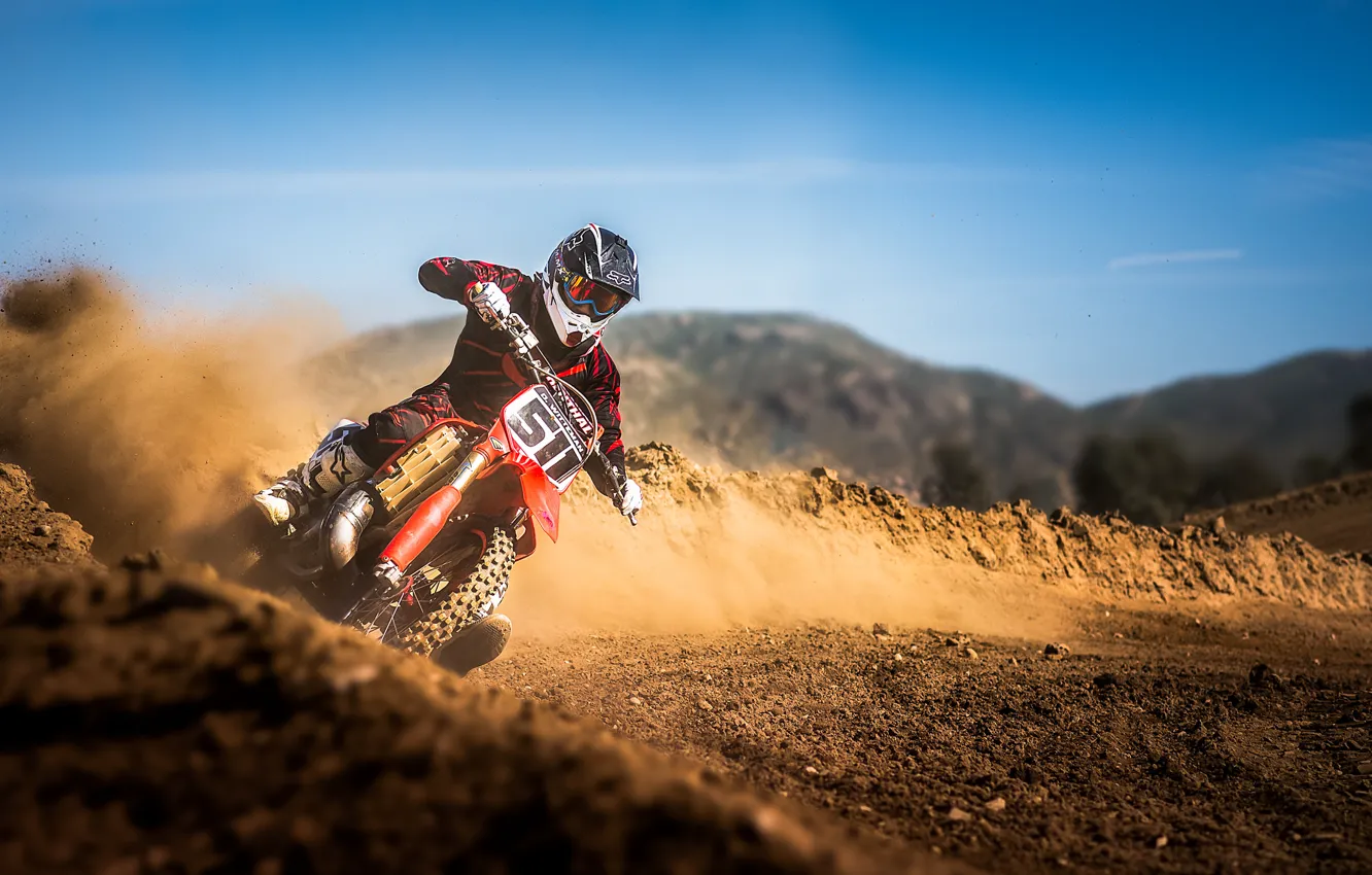 Photo wallpaper mountains, sport, smoke, track, dust, motorcycle, pilot, motocross