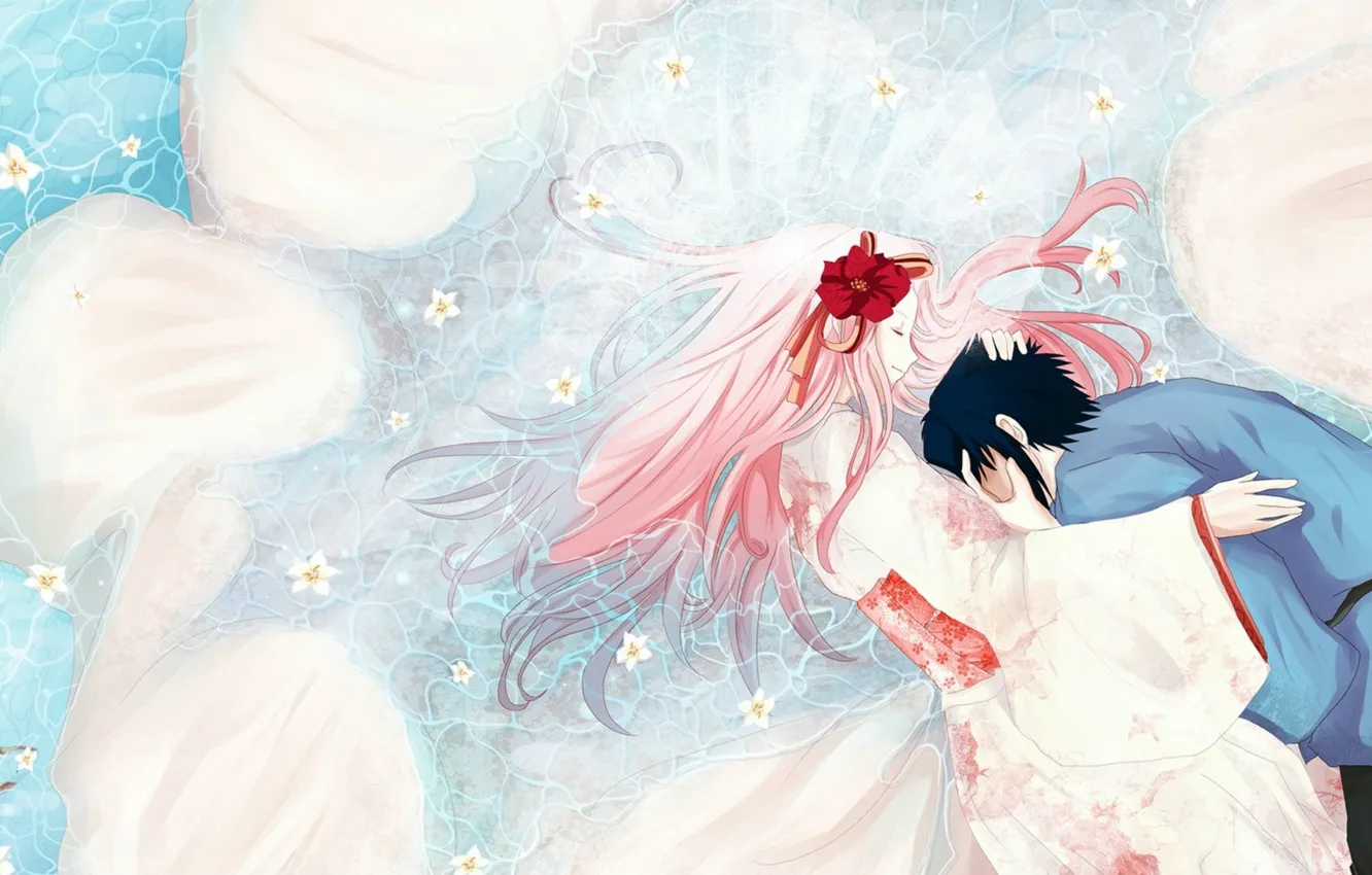 Photo wallpaper hugs, kimono, in the water, pink hair, closed eyes, Sasuke Uchiha, Sakura Haruno, Naruto Shippuden