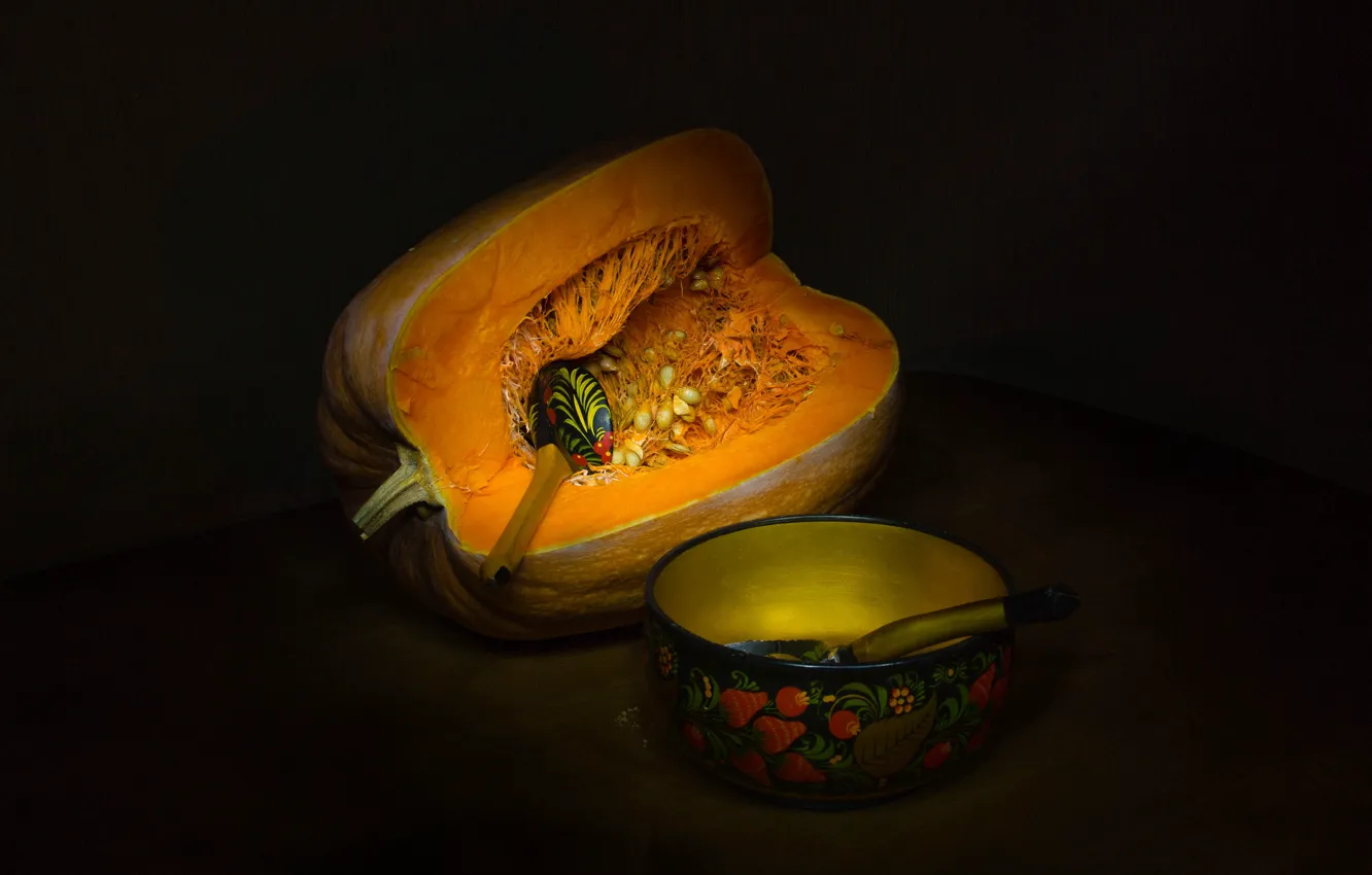 Photo wallpaper table, pumpkin, bowl, still life