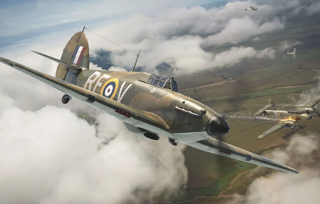 Photo wallpaper Bf-110, No. 303 Squadron RAF, British single-seat fighter, Antonis (rOEN911) Karidis, RAF, Hawker Hurricane