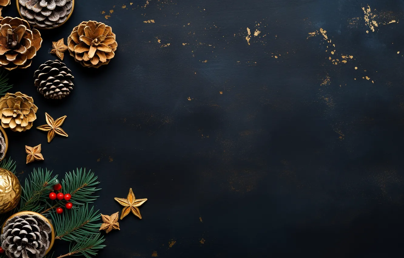 Photo wallpaper balls, branches, new year, Christmas, gold, gold plated, needles, bumps