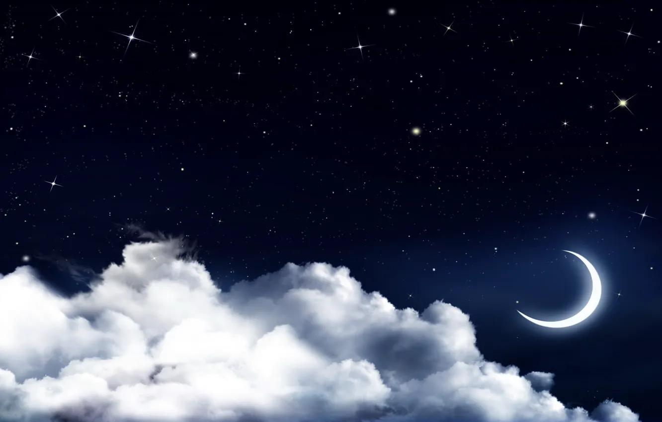 Photo wallpaper the sky, stars, clouds, night, Crescent