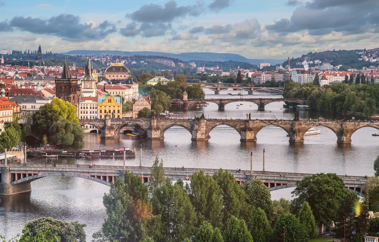 Photo wallpaper bridge, the city, river, home, Prague, Czech Republic