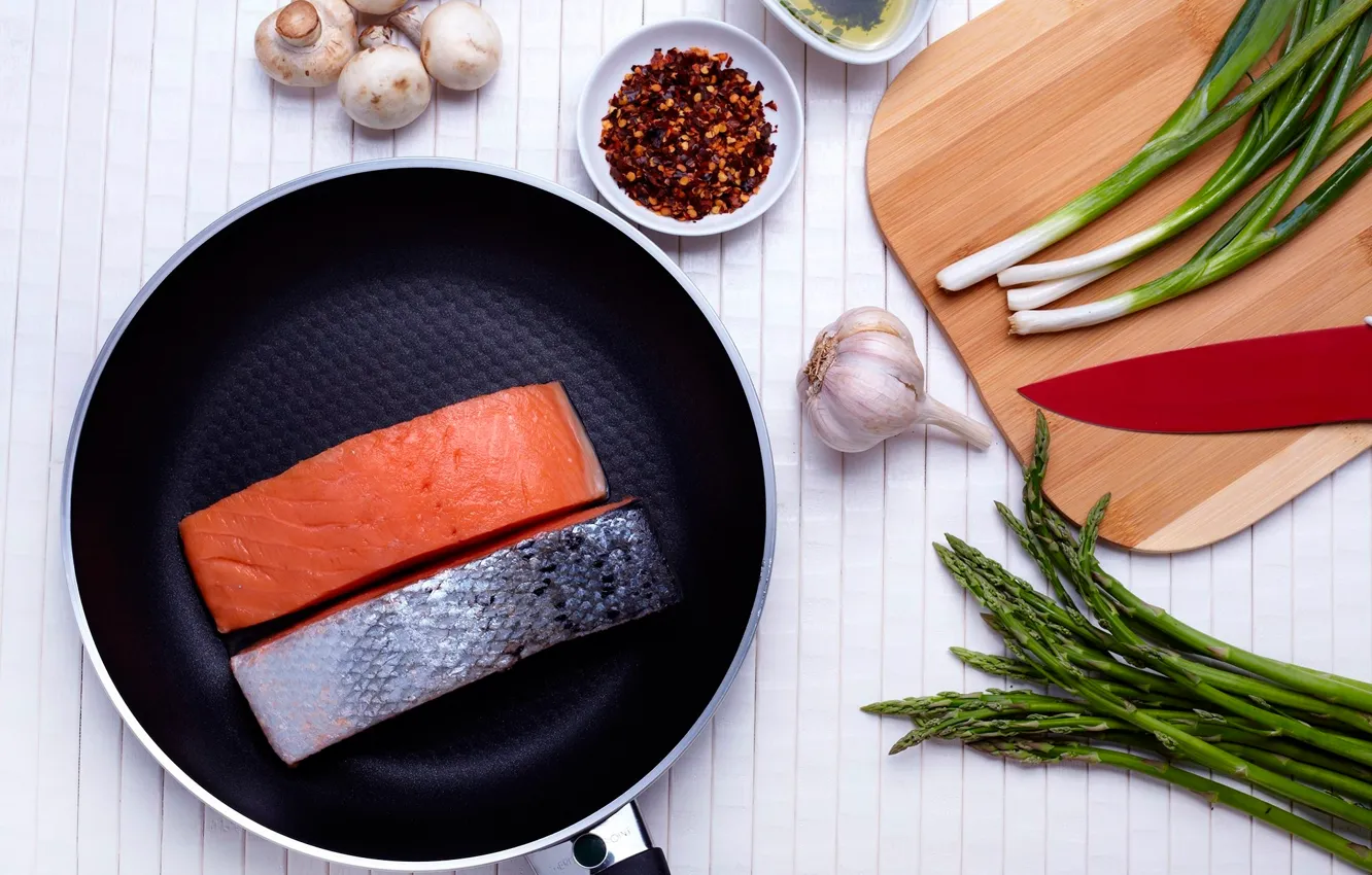 Photo wallpaper greens, fish, spices, garlic