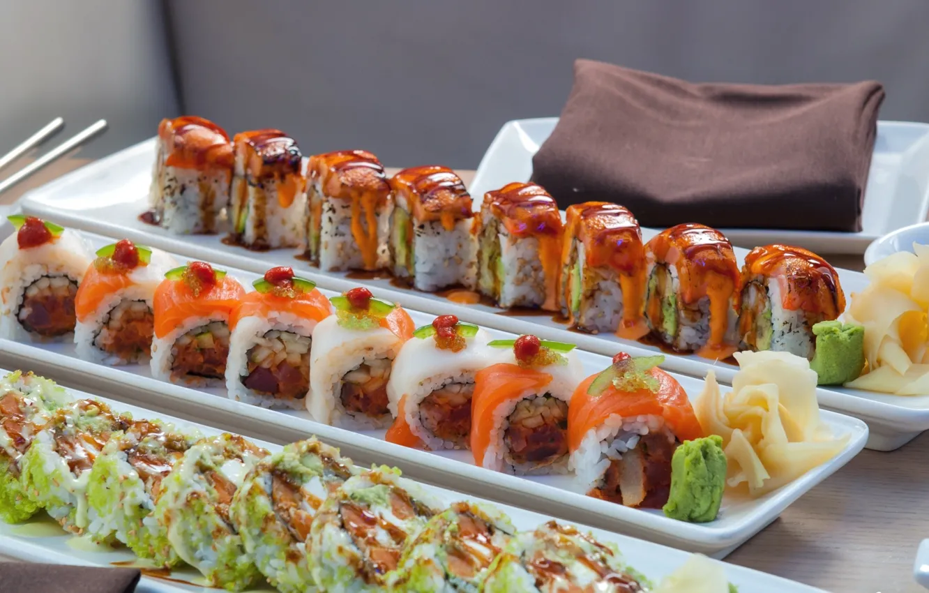 Photo wallpaper figure, sushi, seafood, Japanese cuisine, ginger, wasabi