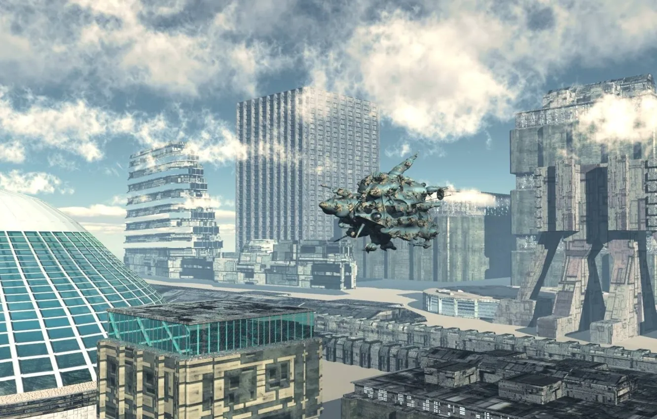 Photo wallpaper sky, clouds, spaceship, sity, sydonia