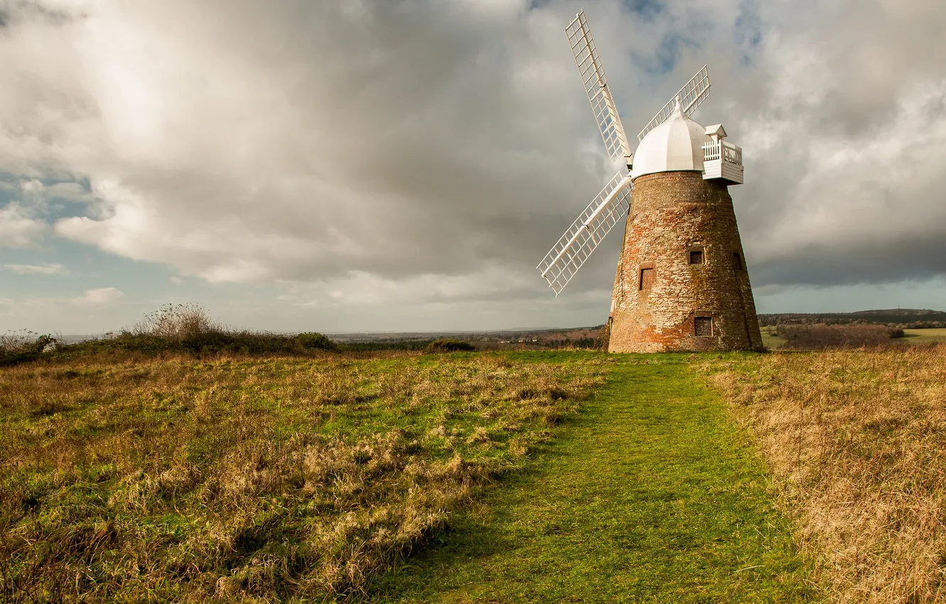 Photo wallpaper field, clouds, windmill