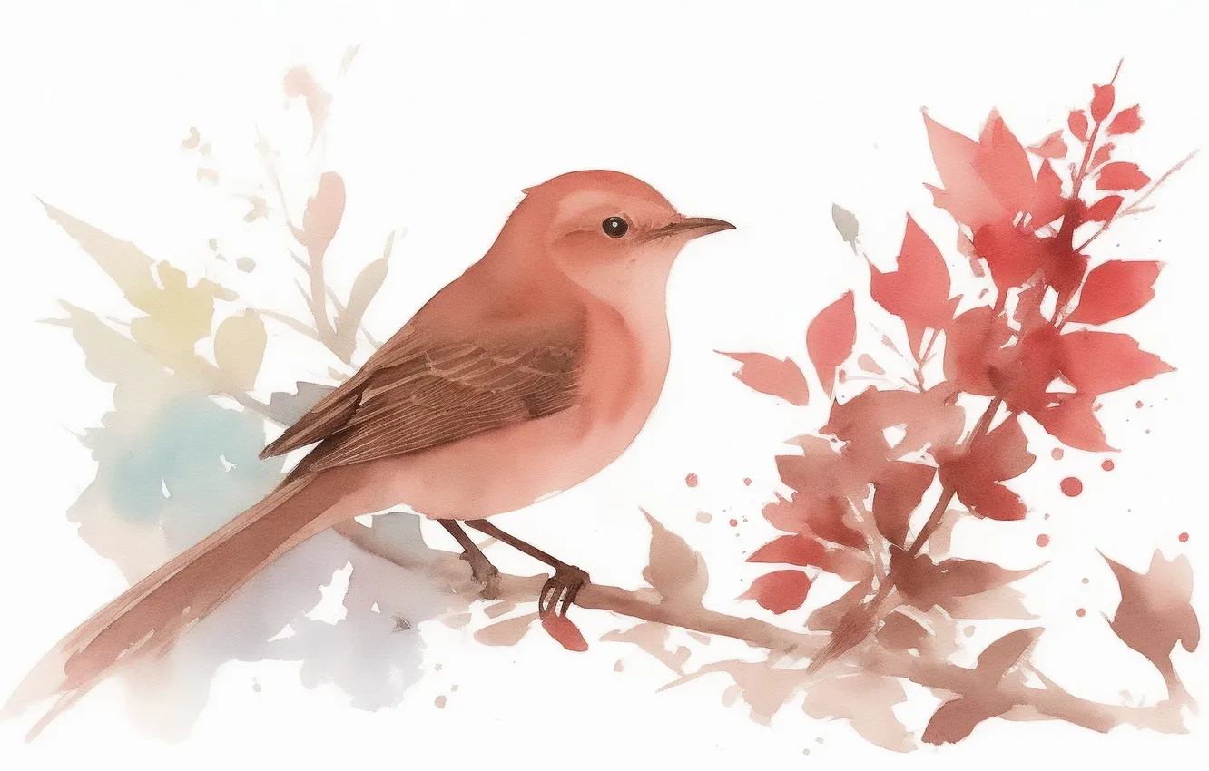 Photo wallpaper birds, bird, figure, watercolor, cute, bird, Nightingale, birds