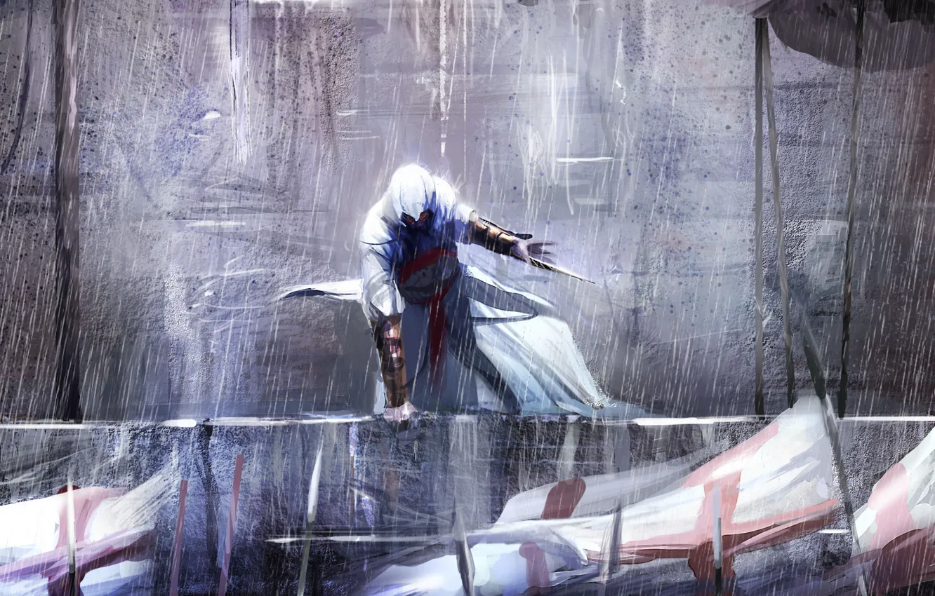 Photo wallpaper rain, Altair, killer, blade, assassin's creed, spears, assassin, assassin