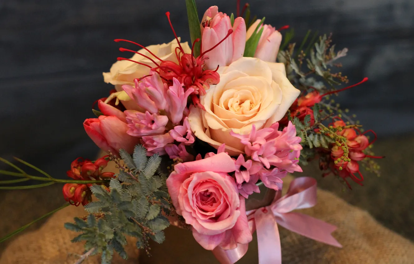 Photo wallpaper flowers, photo, roses, bouquet, tulips, hyacinths