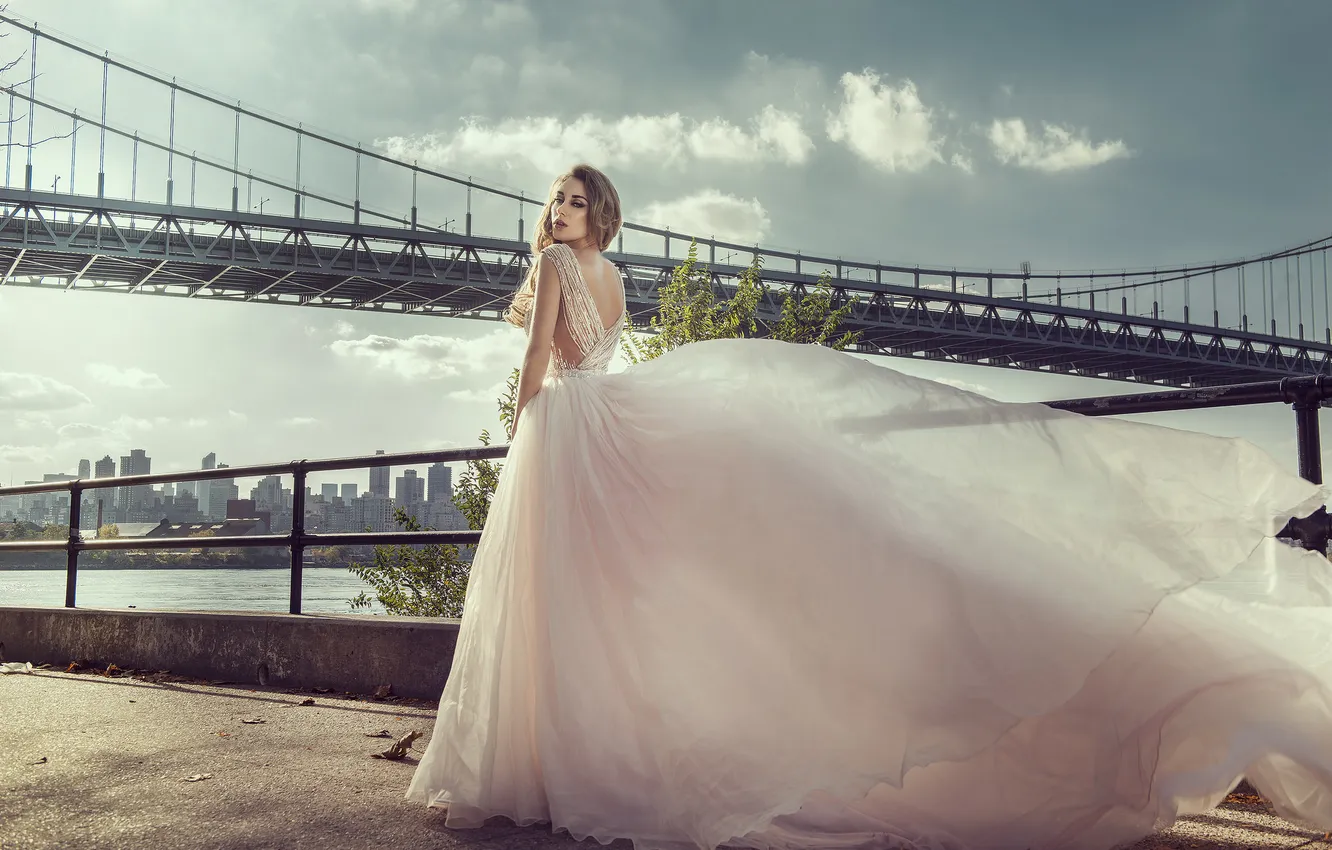 Photo wallpaper look, girl, bridge, dress