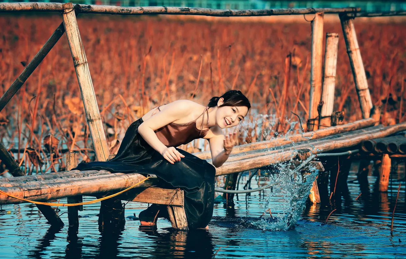 Photo wallpaper girl, bridge, river, Asian