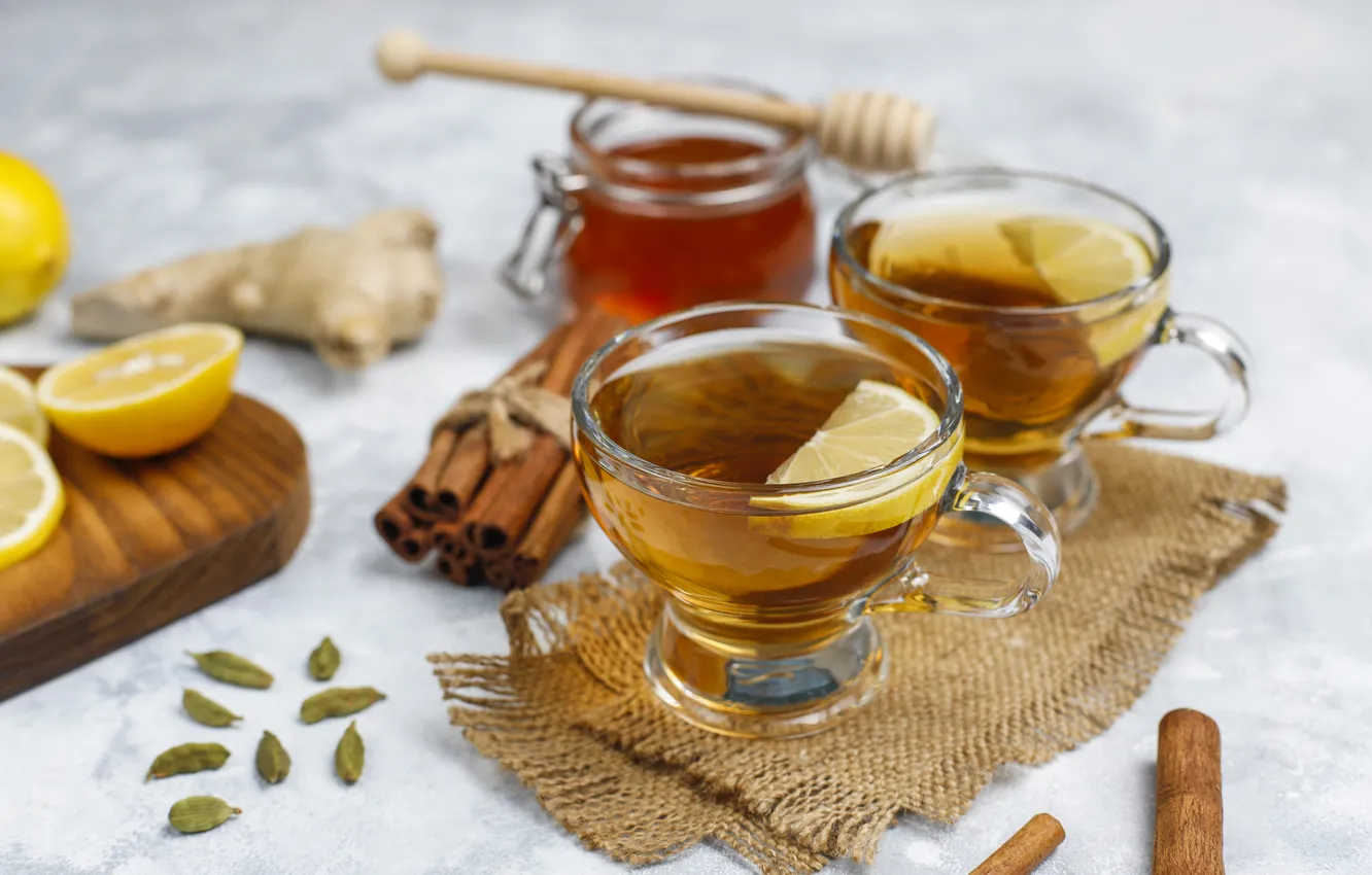 Photo wallpaper table, lemon, tea, honey, the tea party, Cup, cinnamon, burlap