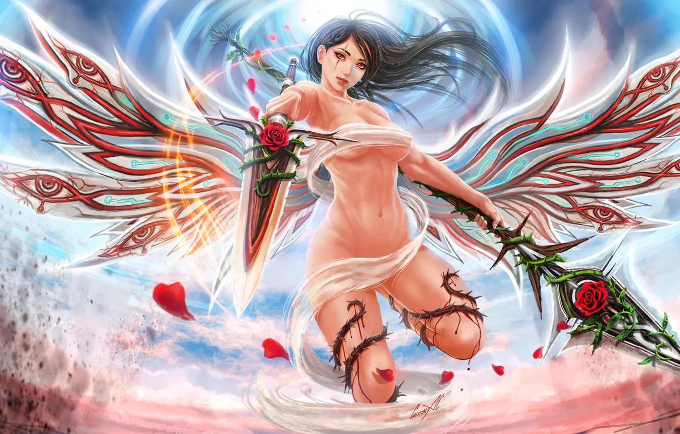 Photo wallpaper the sky, light, wings, angel, sword, light, spear, characters