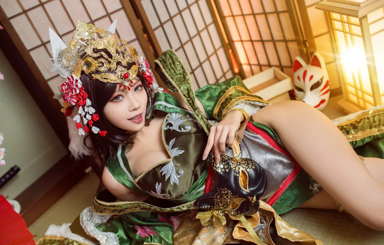 Photo wallpaper cat, chest, look, girl, light, decoration, face, pose