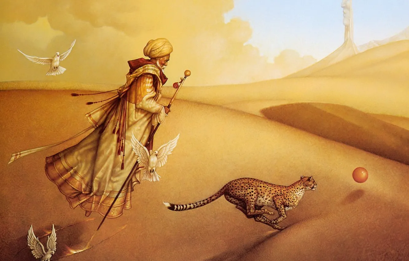 Photo wallpaper sand, balls, desert, fantasy, pigeons, Cheetah, MAG, the old man