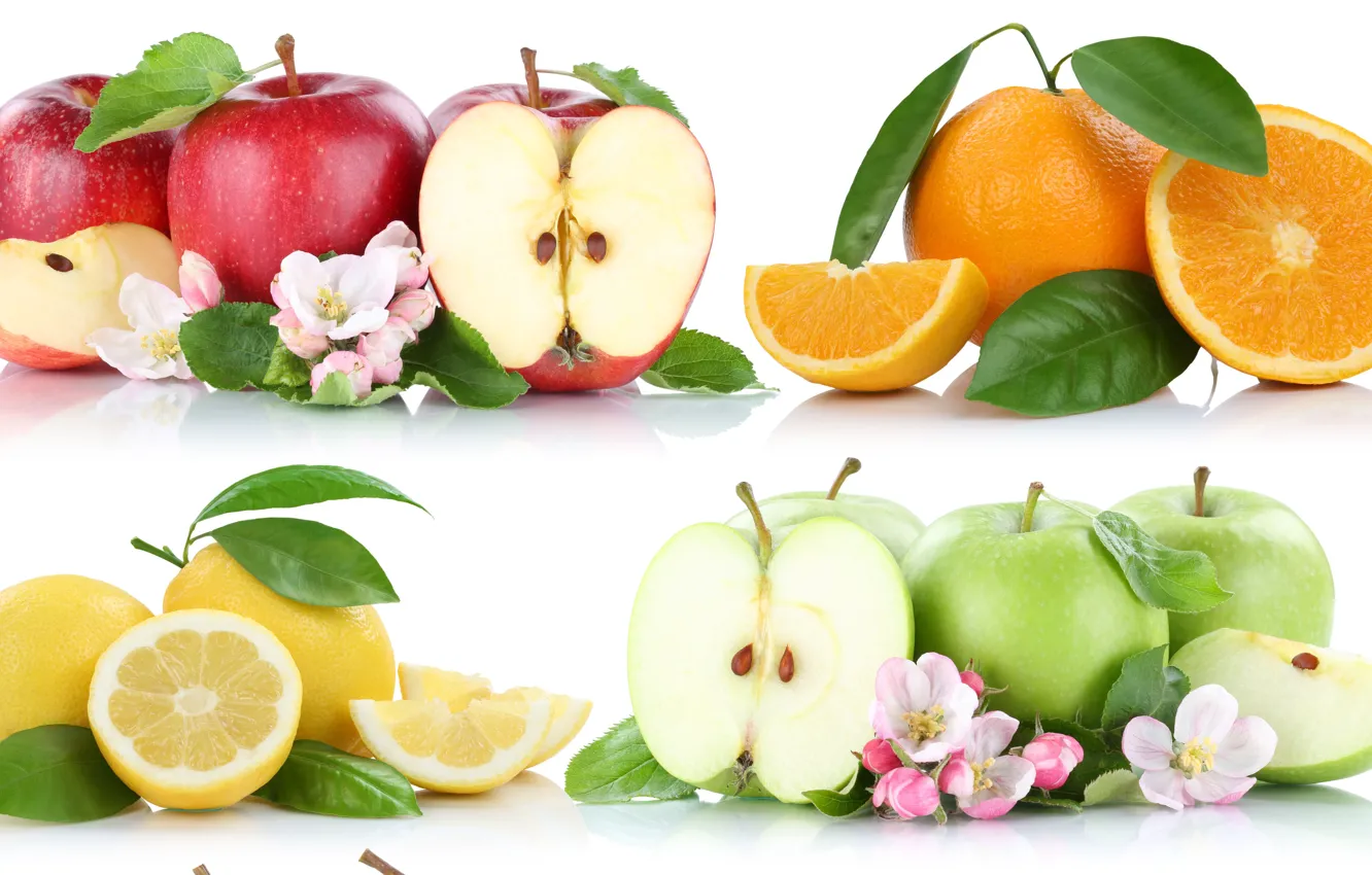 Photo wallpaper flowers, lemon, apples, orange, citrus, fruit