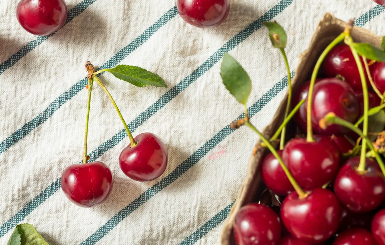 Photo wallpaper strips, cherry, berries, towel, fabric, a couple, cherry, leaves
