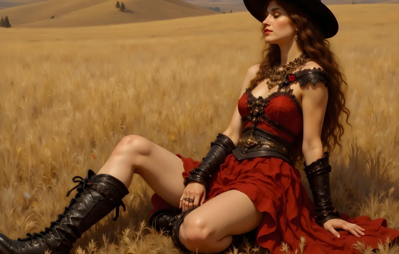 Photo wallpaper field, summer, grass, girl, pose, hills, feet, hat