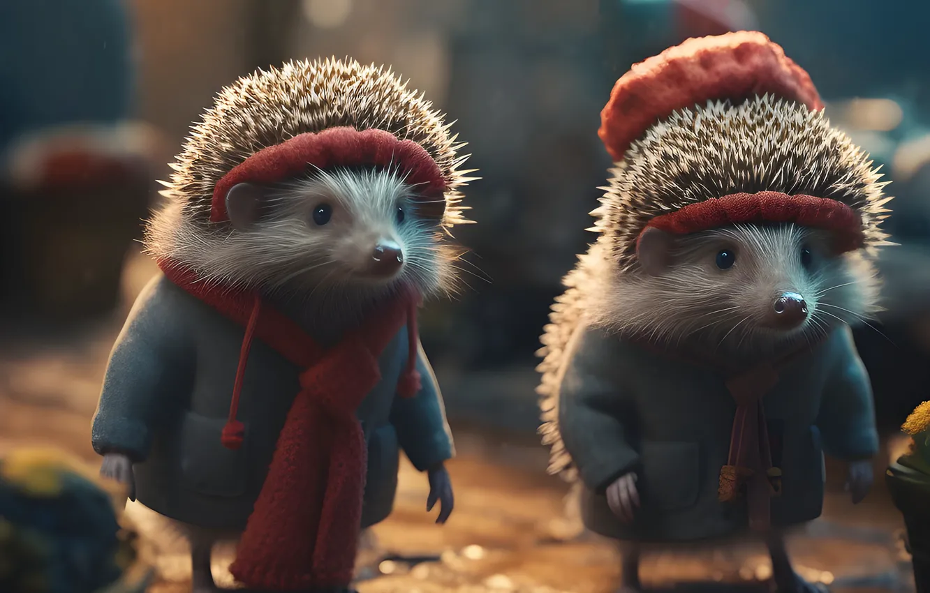 Photo wallpaper a couple, coat, cap, hedgehog, digital art, Jerzy, hedgehog, two hedgehogs