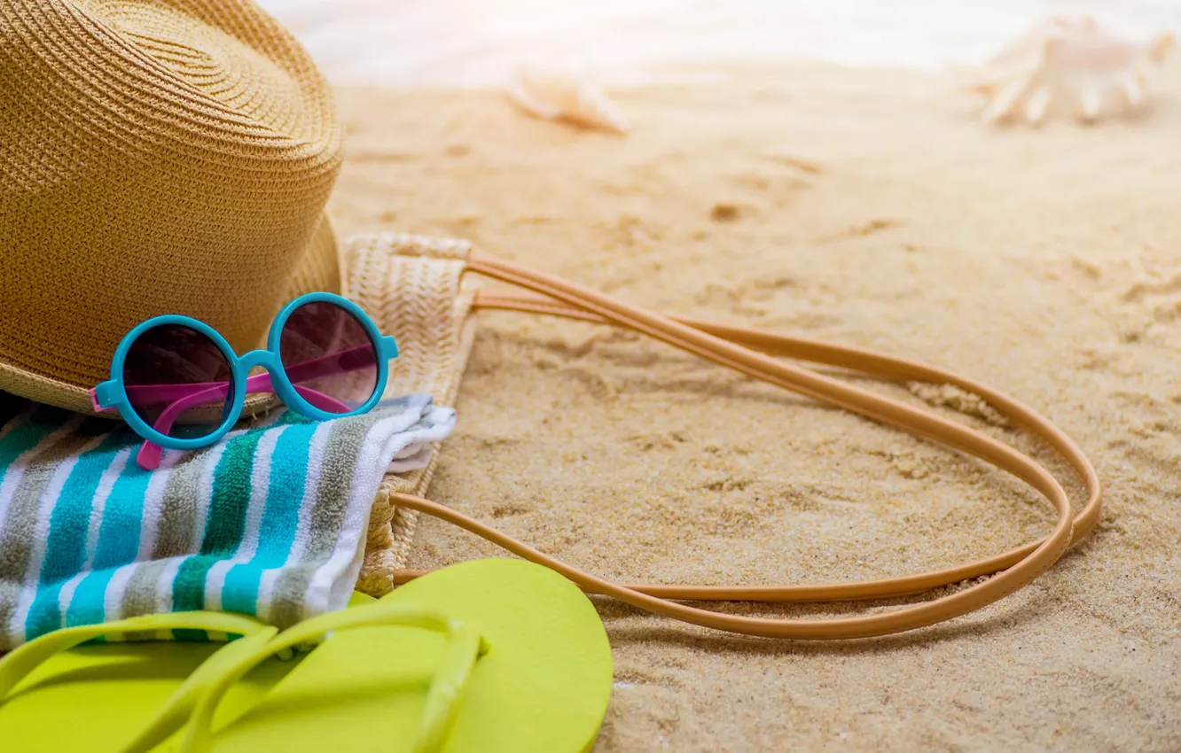 Photo wallpaper sand, sea, beach, summer, the sun, stay, towel, hat