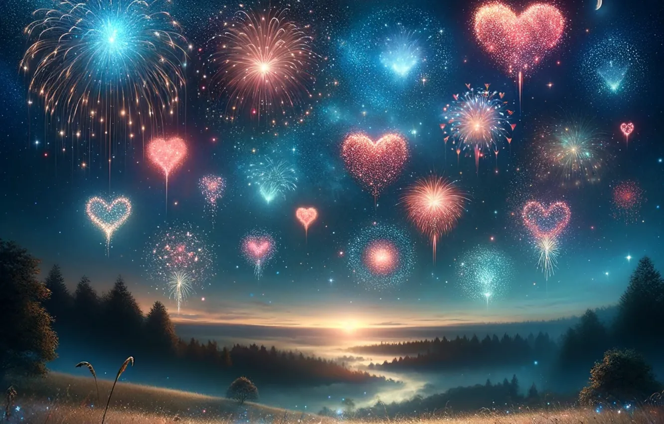 Photo wallpaper field, forest, the sky, the sun, sunset, night, lights, fog