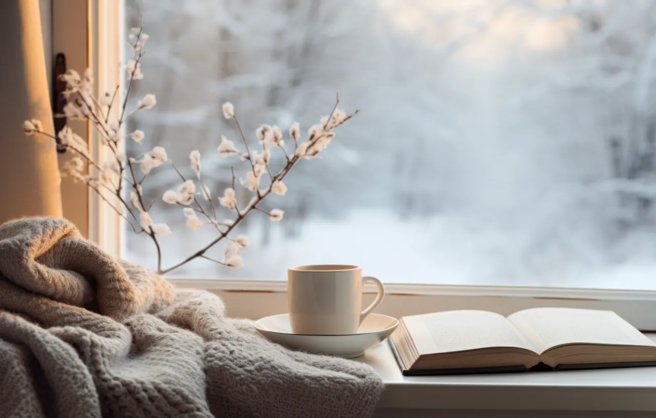 Wallpaper winter, glass, balls, snow, comfort, window, Christmas, mug