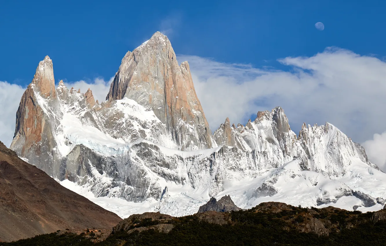 Photo wallpaper moon, Argentina, mountains, snow, Patagonia, peaks, Andes, Granite