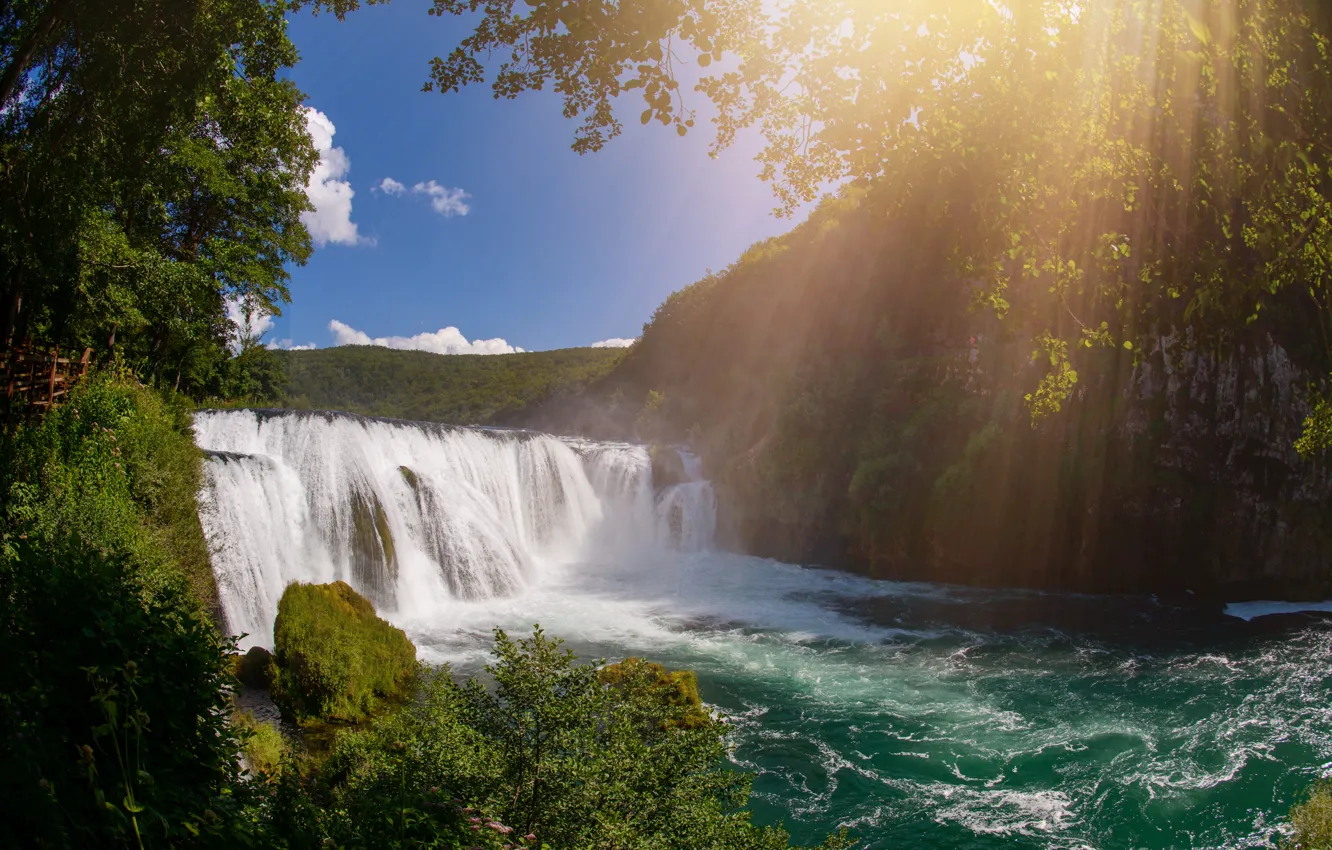 Photo wallpaper landscape, nature, rocks, shore, vegetation, waterfall