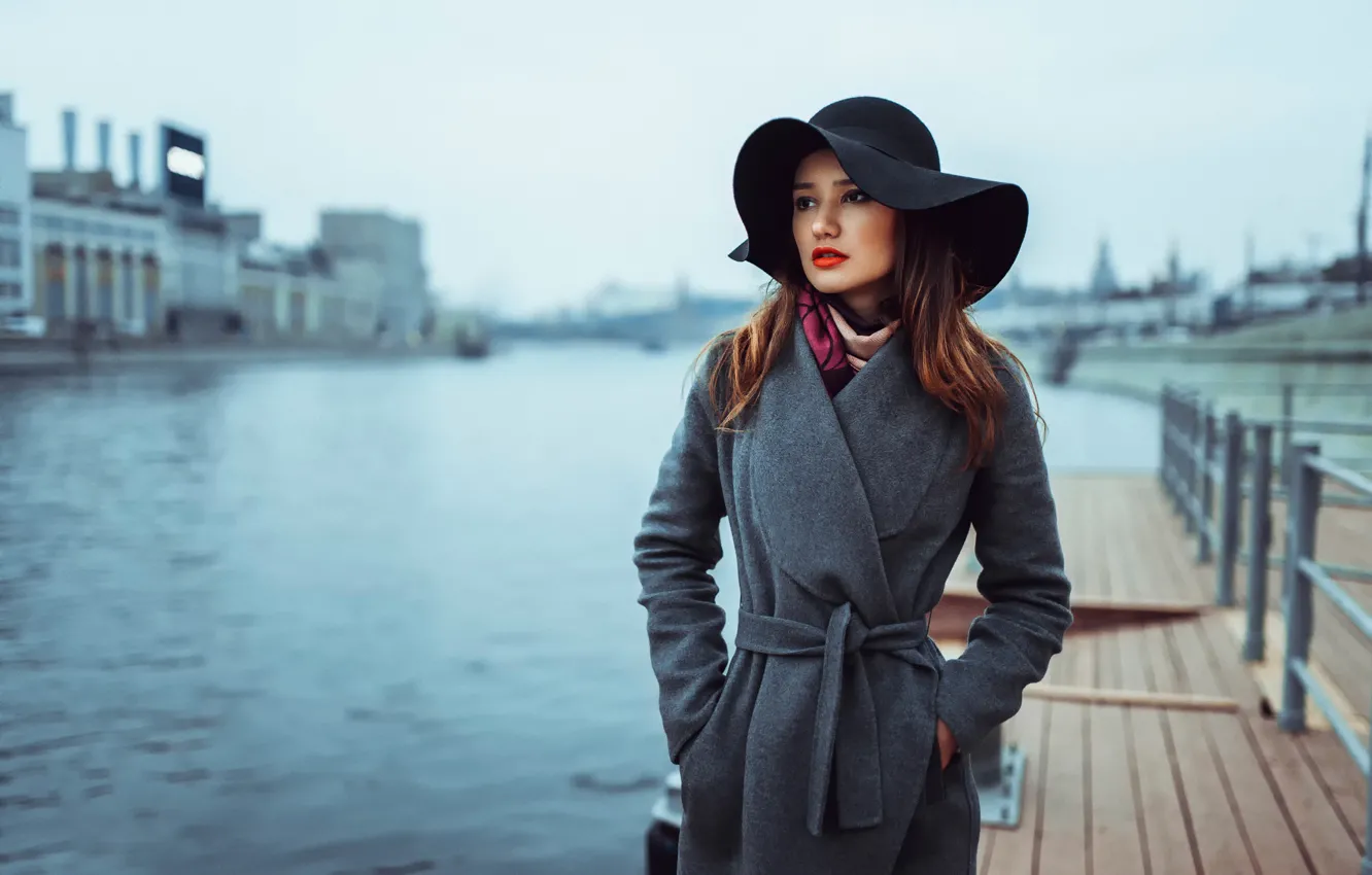 Photo wallpaper autumn, look, the city, portrait, pier, hat, Russia, coat