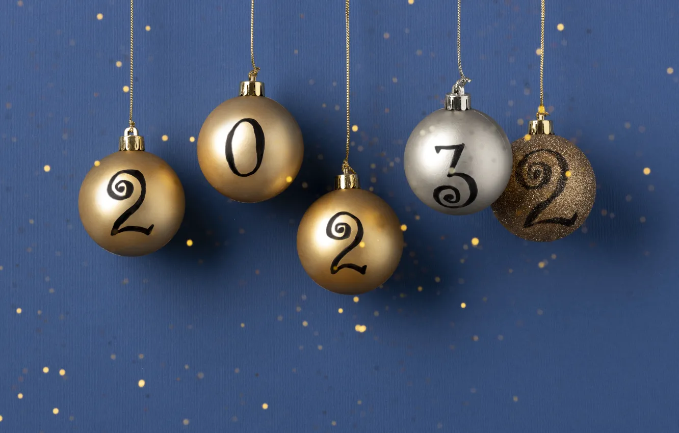 Photo wallpaper balls, holiday, new year, sequins, figures, gold, gold plated, blue background