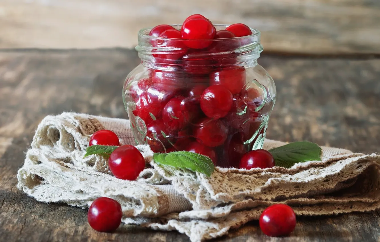 Photo wallpaper leaves, cherry, berries, Bank, mint, napkin