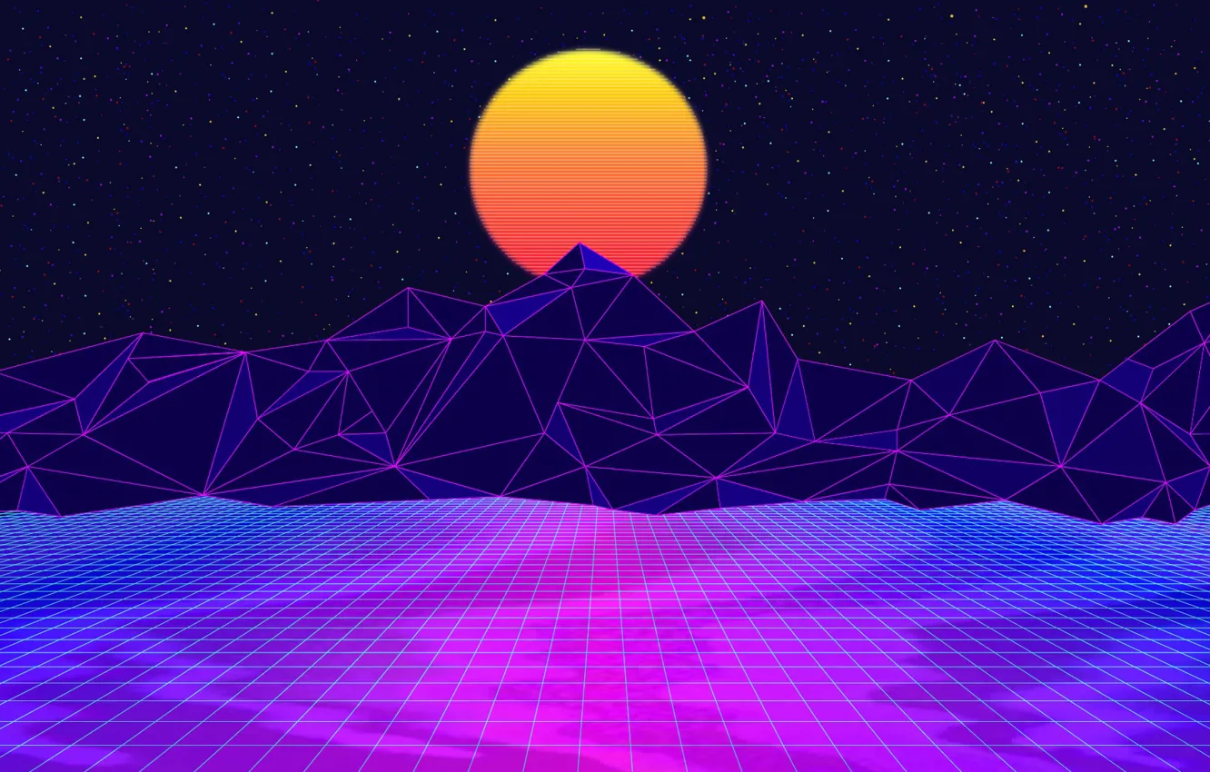 Photo wallpaper The sun, Mountains, Music, Space, 80s, Neon, 80's, Synth