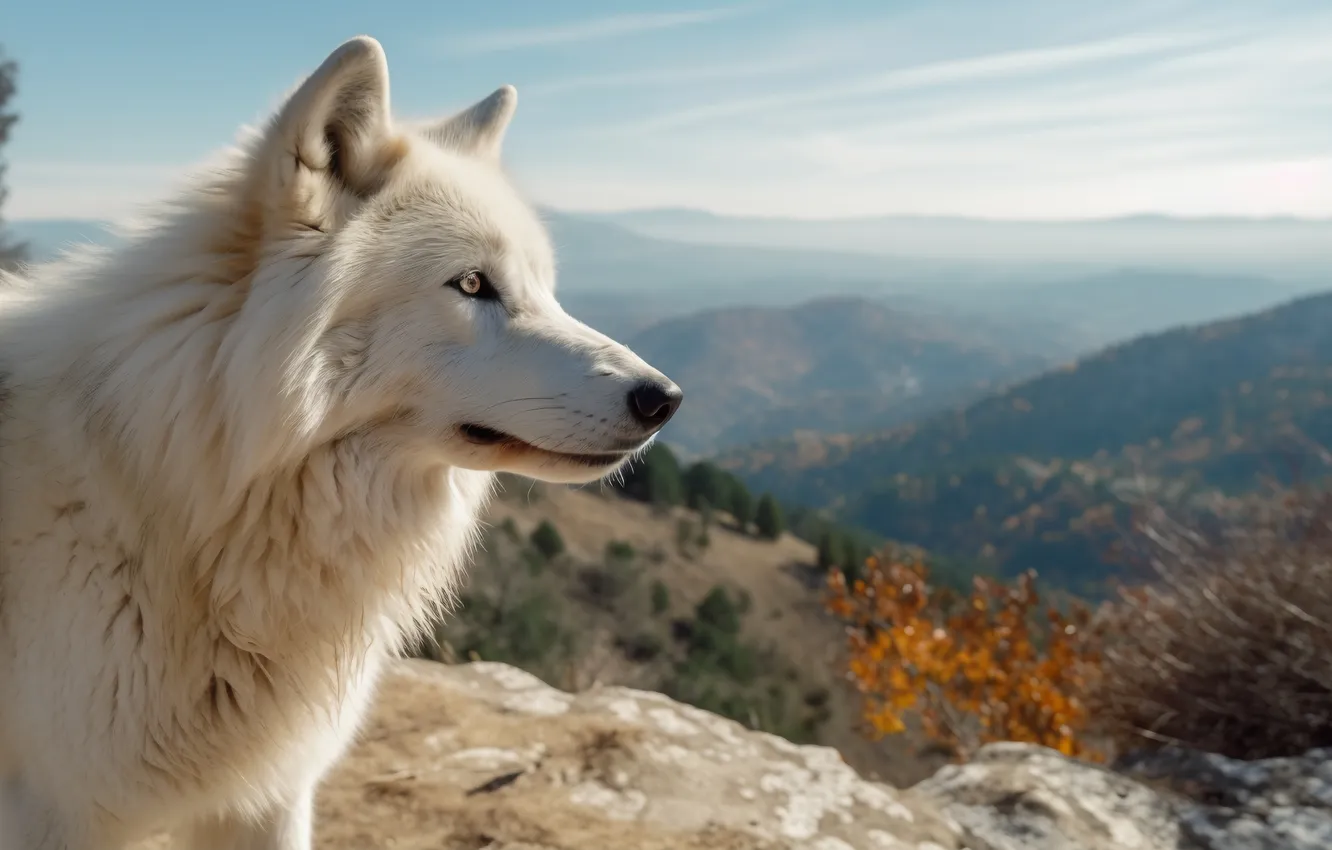 Photo wallpaper white, look, mountains, wolf, predator, side, digital art, AI art