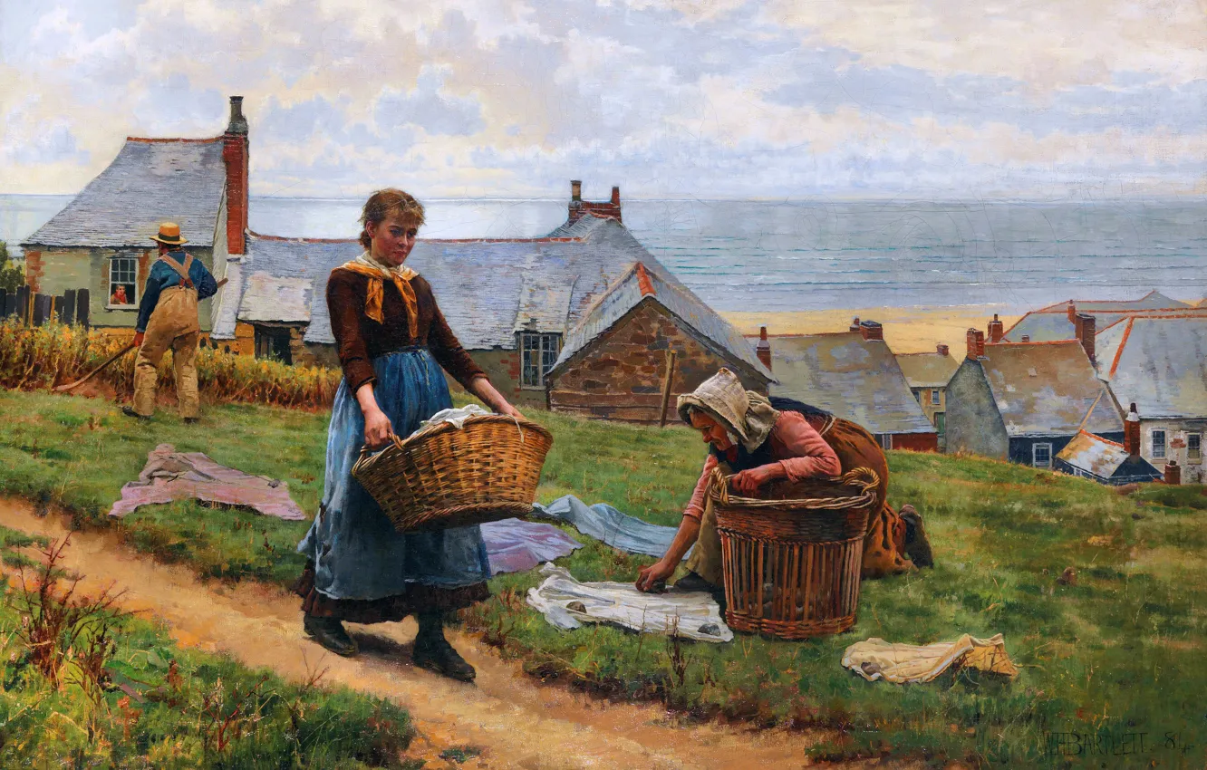 Photo wallpaper basket, woman, home, picture, William Henry Bartlett, William Henry Bartlett, Bad wind for fish but …