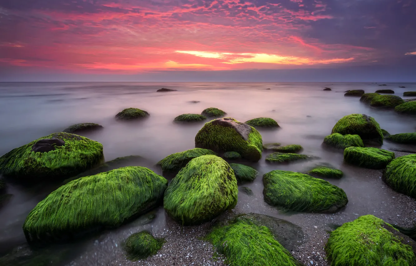 Photo wallpaper sea, beach, landscape, sunset, nature, sunrise, stones, rocks