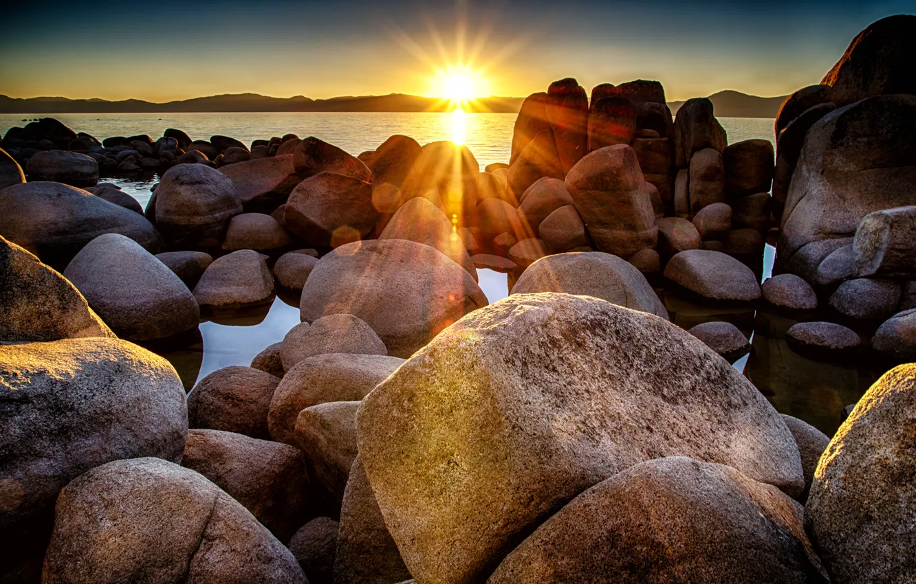 Photo wallpaper the sun, sunset, stones, shore, Bay, boulders