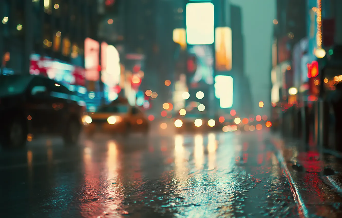 Photo wallpaper road, city, the city, street, lights, blur, neon, sign